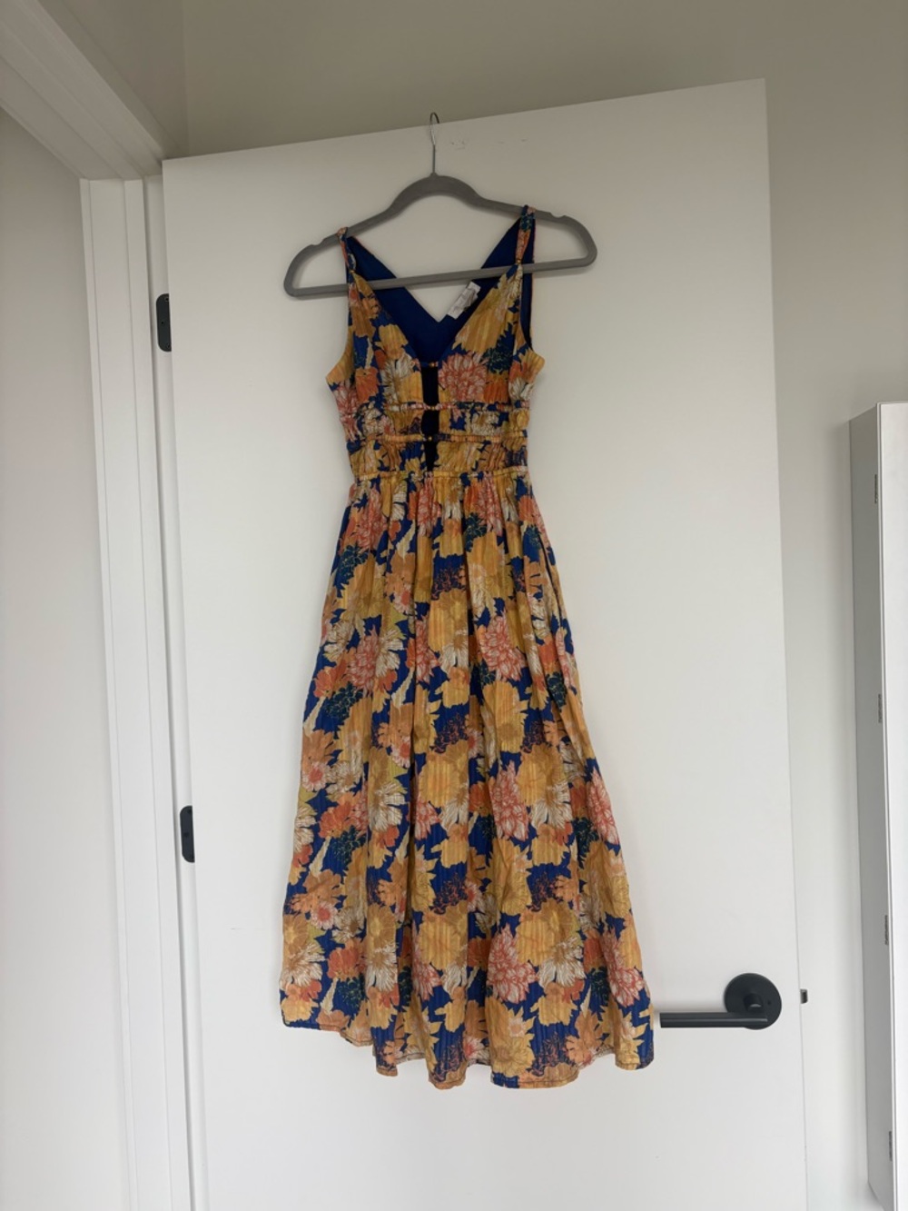 Caroline Constas Navy and Mustard Floral Midi Dress